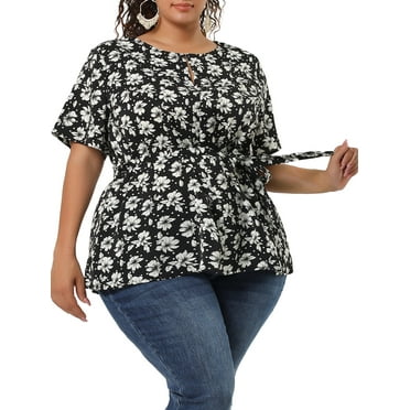 POQOQ Summer Peplum Top Women Plus Size Floral Print V-Neck Button Short Sleeve Shirt 